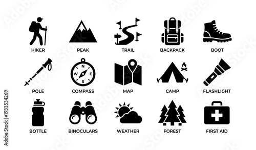 Hiking and camping essentials icons: gear and navigation symbols