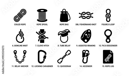 Set of climbing equipment icons: tools, knots, and devices for safety and navigation