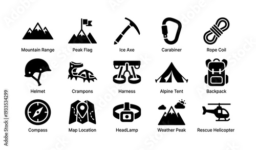 Mountaineering icons collection: gear and symbols for outdoor adventure enthusiasts