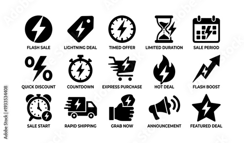 Flash sale icons: lightning deals, discounts, timed offers, rapid shipping, featured deals