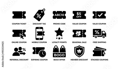 Various coupon and discount icons for promotions and sales