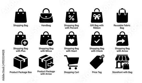 Black icon set: shopping bags, carts, and storefronts in various designs