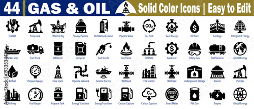 Gas and Oil icons. Including offshore rig storage sphere pipeline valve gas flame and carbon capture symbols for industrial energy production vector illustration.
