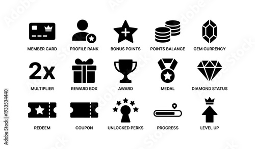 Loyalty program icons collection: member card, rewards, points, gems, upgrades