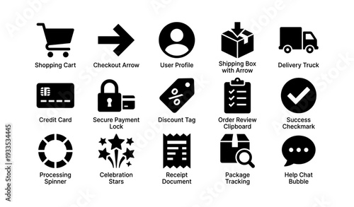E-commerce icons: shopping cart, secure payment lock, discount tag, delivery truck, package tracking