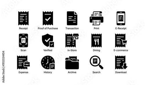 Retail and e-commerce icons: receipt, transaction, print, e-receipt, scan