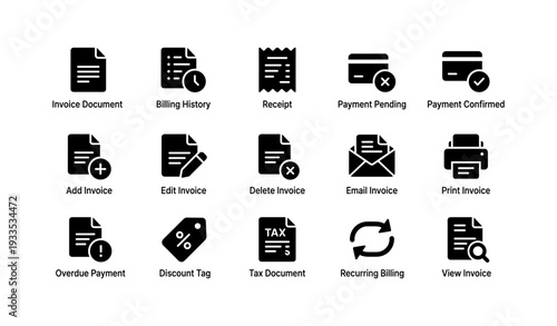 Business icons set: invoices, billing, payments, receipt, tax, email, print