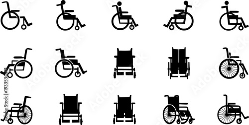 set of black Clean vector icon of a wheelchair silhouette
