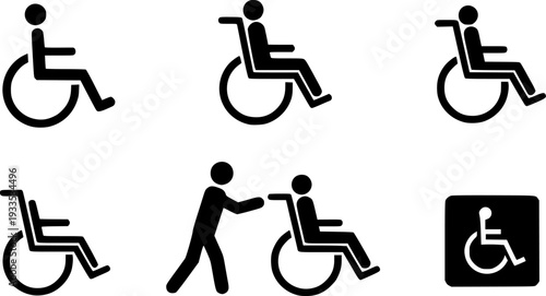 set of black Clean vector icon of a wheelchair silhouette
