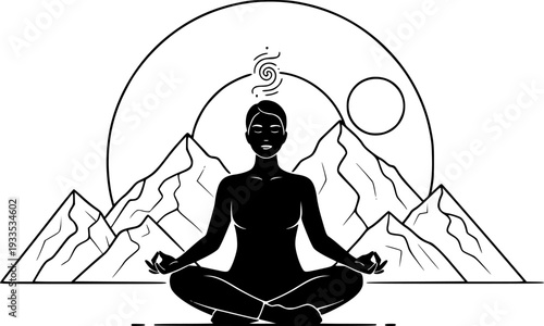 Wellness Tourism Meditation on Mountain Vector, Black and White Mindfulness Art
