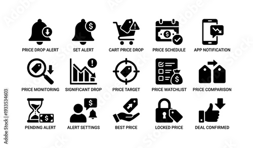 E-commerce alerts icons: price drop, cart, monitoring, notifications, deals