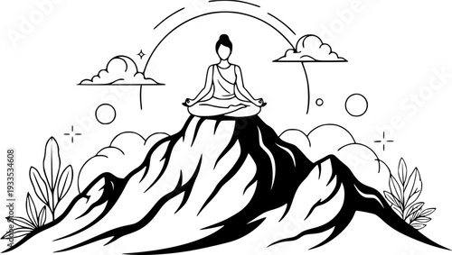 Wellness Tourism Meditation on Mountain Vector, Black and White Mindfulness Art
