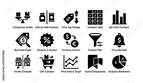 Comparison and analytics icons for e-commerce and shopping platforms