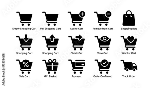 Shopping cart icons set: add, remove, checkout, wishlist, sale, gift