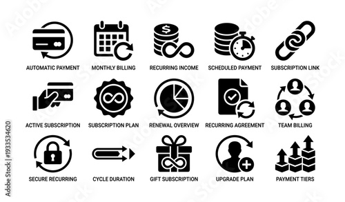 Subscription management icons: automatic payment, recurring income, secure recurring processes