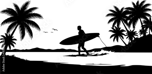 Surfer on Tropical Beach Silhouette Vector, Black and White Surfing Vacation Art
