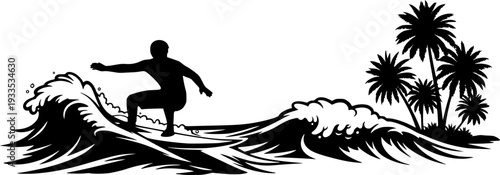 Surfer on Tropical Beach Silhouette Vector, Black and White Surfing Vacation Art
