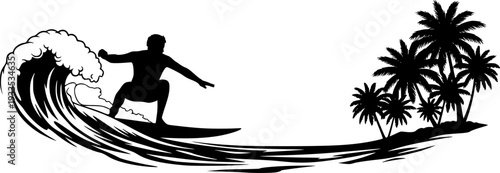 Surfer on Tropical Beach Silhouette Vector, Black and White Surfing Vacation Art

