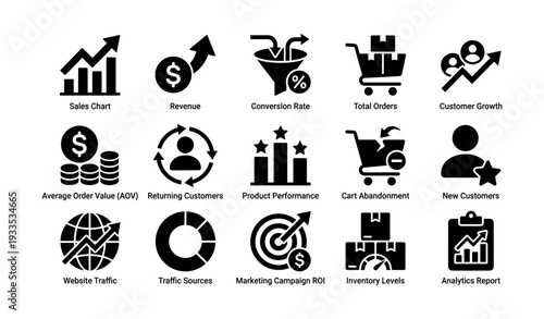 Analytics icons: sales, revenue, conversion, traffic, roi, cart, inventory, customers