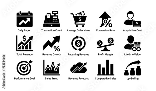 Business metrics icons set with graphs and financial symbols