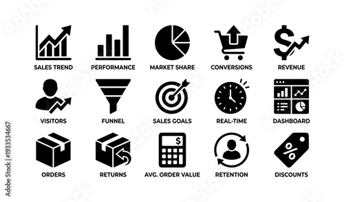 Business analytics icons: sales, performance, market share, revenue, conversions