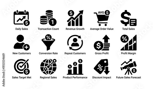 Business metrics icons: sales, growth, profit, conversion, forecast