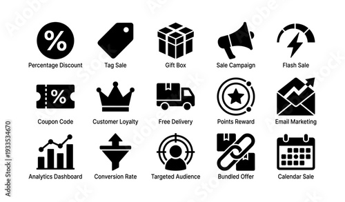 Marketing and sales icons: discounts, delivery, analytics, and campaigns