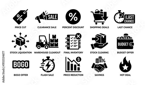 Various icons representing discount, sale, and stock management themes