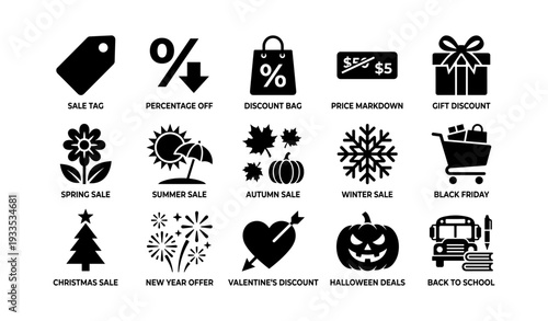 Seasonal sale icons: discounts, offers, and deals for every occasion