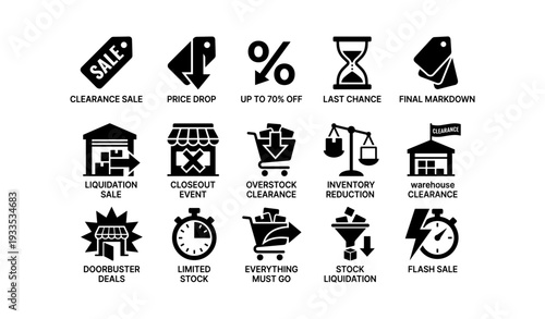 Clearance sale icons: discounts, price drops, and inventory liquidation symbols