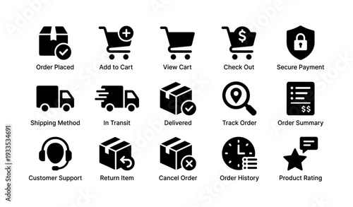 E-commerce icons: shopping cart, secure payment, order tracking, customer support