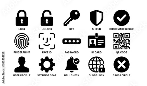 Lock and security icons set: fingerprint, qr code, face id, shield, key