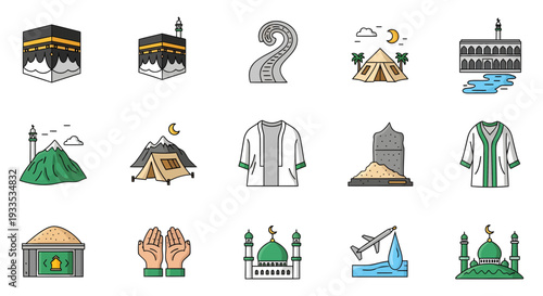 Hajj and Umrah Islamic Pilgrimage Icon Set, Mecca Religious Elements Vector Illustration