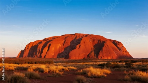 Uluru rock formation at sunset in the Australian desert