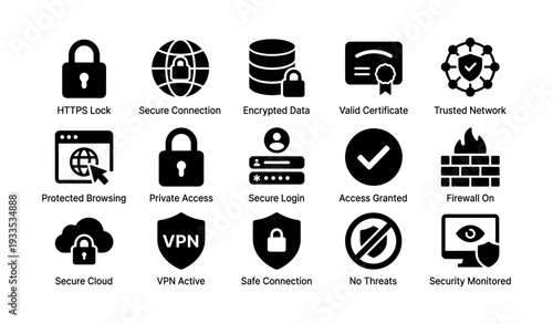 Cybersecurity icons: lock, encryption, vpn, firewall, secure connection