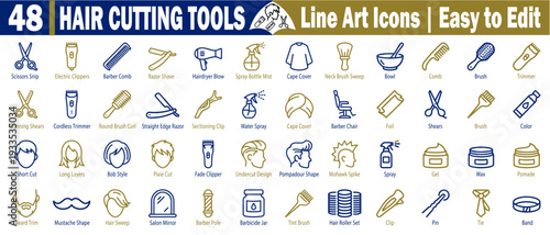 Hair cutting tools line art icons. Featuring scissors, electric clippers, barber comb, hair dryer, and barber chair symbols for salon styling and grooming services vector illustration.