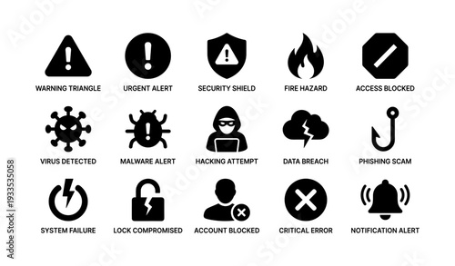 Set of 16 alert and security icons including warning, hacking, and phishing