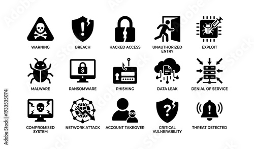 Cybersecurity icons: warning, breach, hacked access, unauthorized entry, exploit
