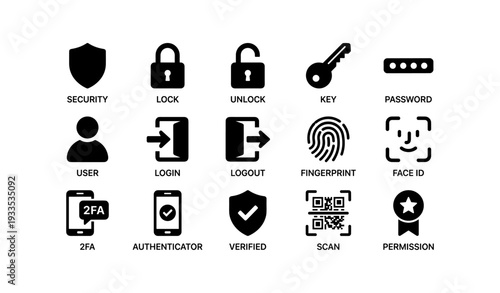 Security icons set: lock, key, fingerprint, face id, login, logout, qr scan