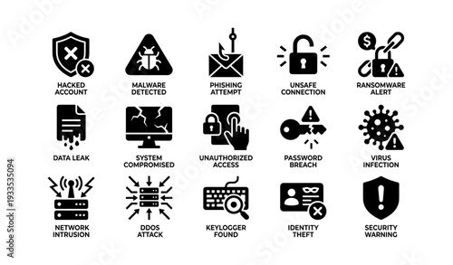 Cybersecurity icons highlighting threats and protection measures