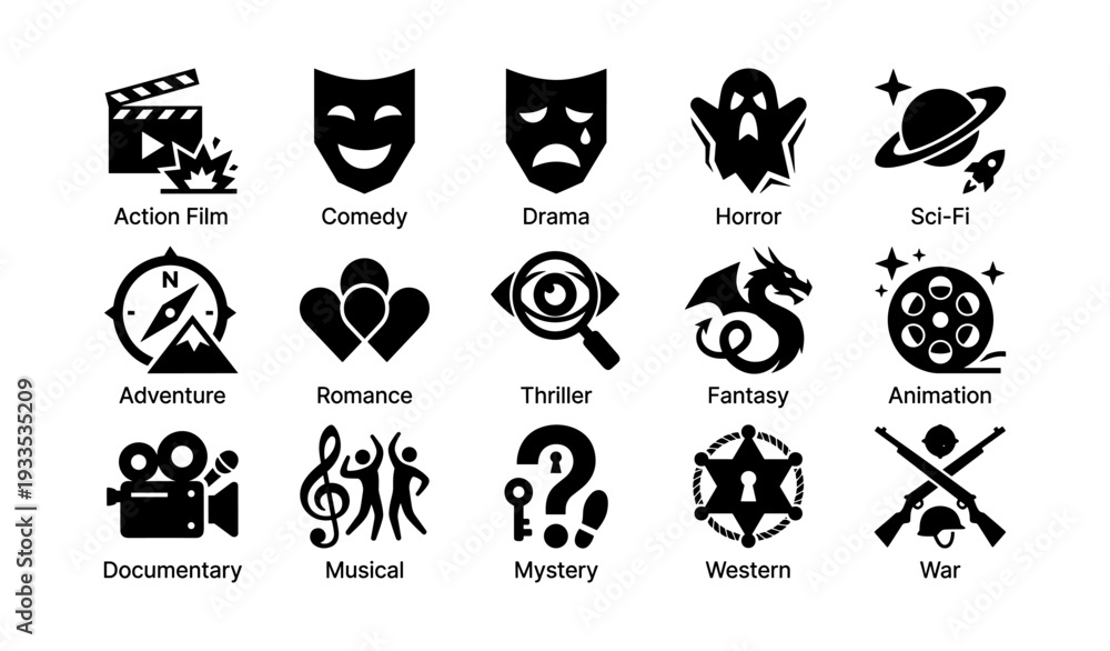Fototapeta premium Icons representing different film genres including action, comedy, and sci-fi