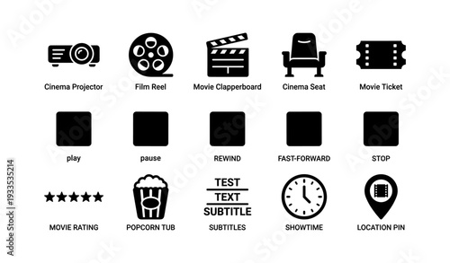 Icons of cinema: projector, reel, clapperboard, seat, ticket, and more