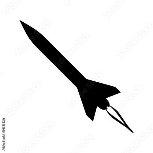 Black silhouette of a modern long-range missile in flight, diagonal upward trajectory, sharp aerodynamic design with fins, small propulsion flame at the rear, solid black shape, flat design, isolated 
