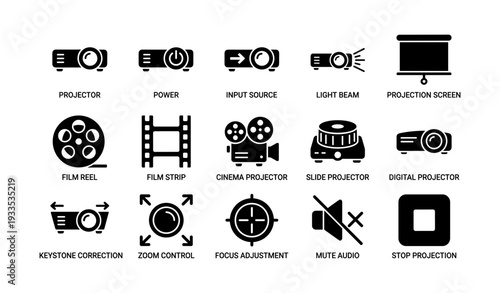Projector icons set: film, digital, zoom, input, screen, audio