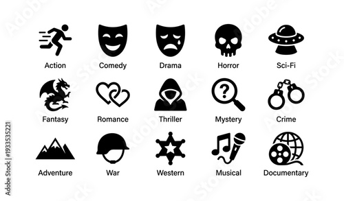Icon set representing diverse movie genres in black and white