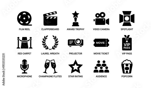 Cinema icons collection: film reel, projector, movie ticket, clapperboard, spotlight