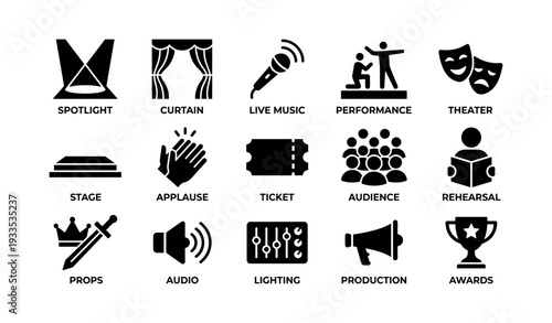 Theater and performance icon set: spotlight, curtain, microphone, audience, awards