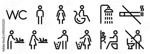 Toilet line icon set. WC and restroom signs including man, woman, shower, mother with baby, disabled, no smoking, and do not throw trash symbols. Vector illustration for public facilities.
