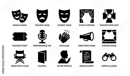 Theater elements icons: drama masks, curtains, spotlight, tickets, microphone
