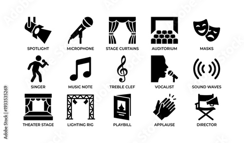 Icon set of theater and music symbols: spotlight, microphone, curtains, masks, music note